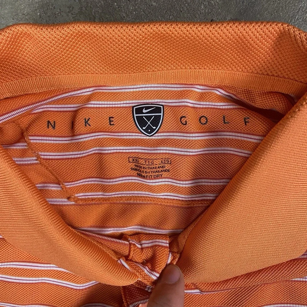 Nike Golf Polo Shirt Size XXL Orange White Striped Short Sleeve Athletic Swoosh